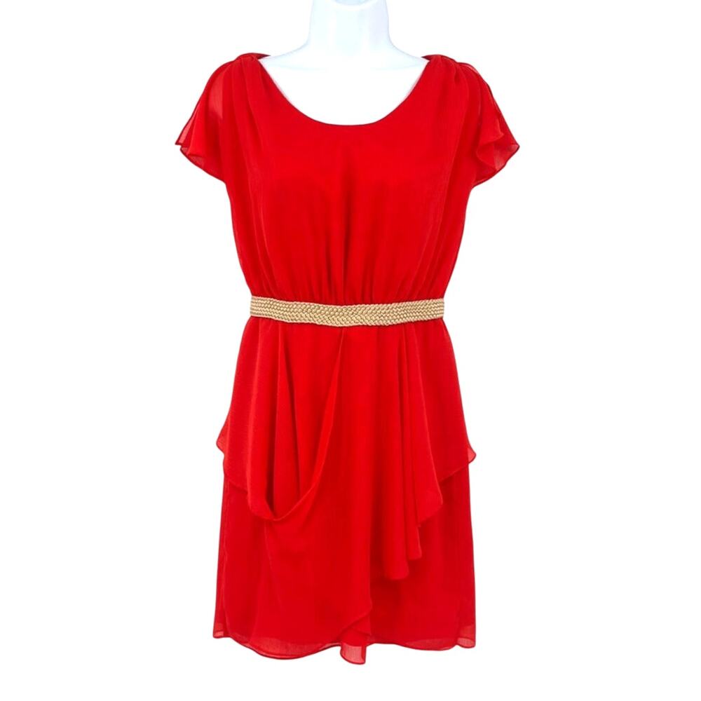 Badgley Mischka Chiffon Dress 2 Red Flutter Holiday Glam Romantic Banana Pepper